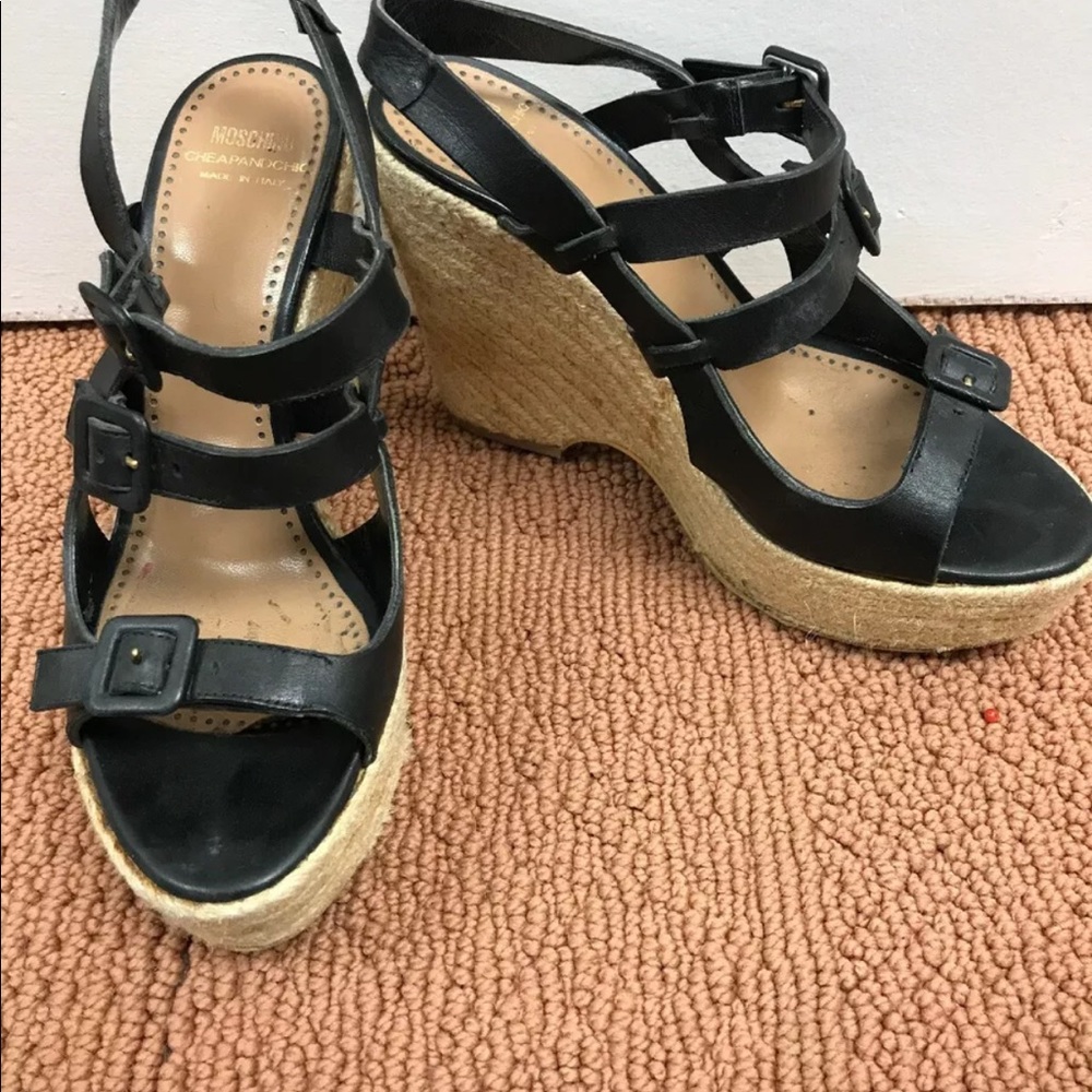 Moschino black leather wedge sandals size 37